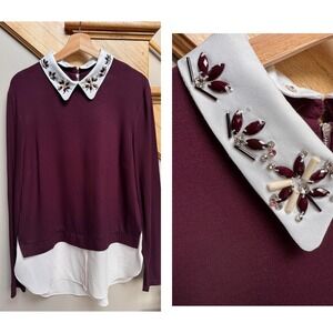 Frank Lyman Women Knit Top L Removable Collar Embellished Lux Layered Hem 2-in-1